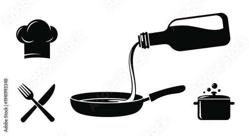 Cooking icons featuring a chef s hat pan and bottle silhouette
