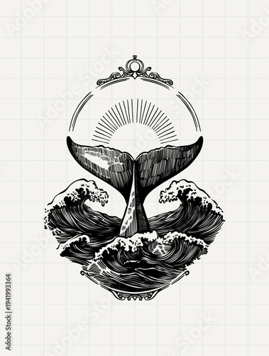 Vintage Whale Tail Nautical Engraving Illustration