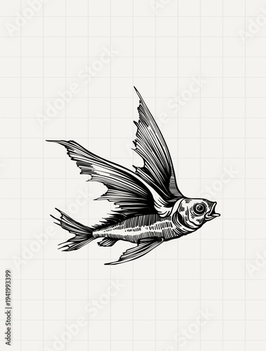 Vintage Flying Fish Nautical Engraving Illustration