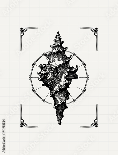 Decorative Ocean Shell Frame Vintage Engraving Illustration