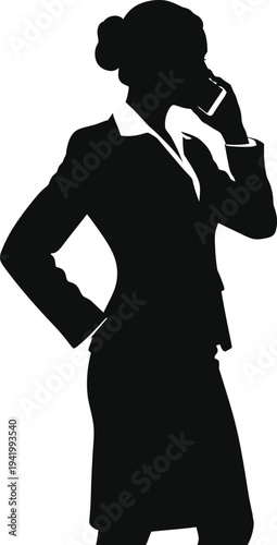 Businesswoman Silhouette Talking on Mobile Phone - Professional Woman in Suit Vector Black Illustration Isolated on White Background