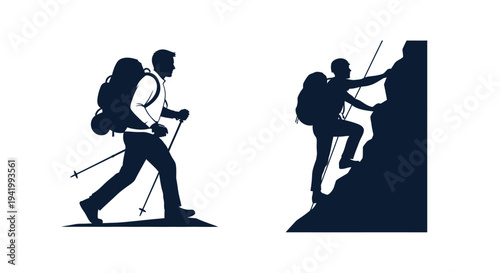Hikers assisting each other on a mountain a dark silhouette