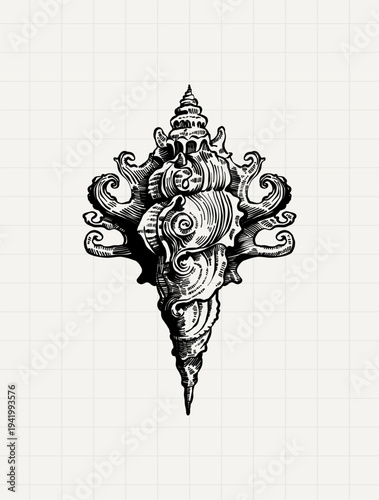 Ornamental Nautical Shell Vintage Engraving Illustration