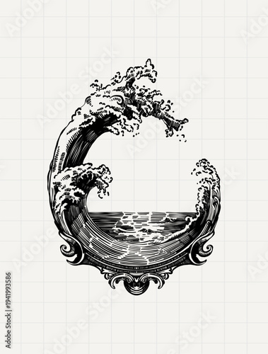 Ocean Wave Frame Vintage Nautical Engraving Illustration