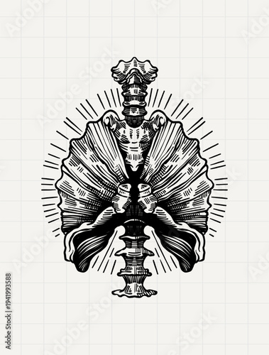 Skeleton with Shell Throne Vintage Nautical Engraving Illustration