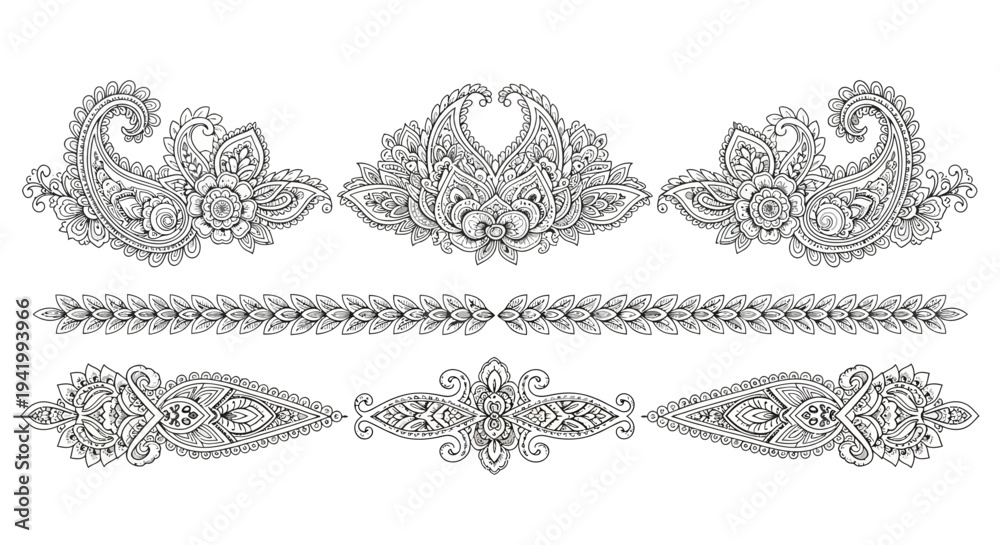 Fototapeta premium Intricate henna art elements and tailed mehndi designs collection in a vector illustration featuring floral patterns and abstract designs on a white background.