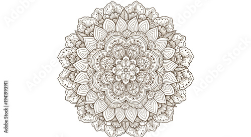 Intricate henna design with flower patterns on a white background, showcasing a detailed mehndi art element in a circular abstract pattern.