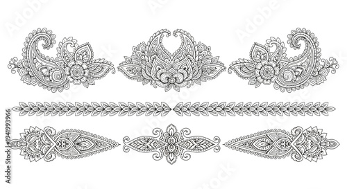 Intricate henna art elements and tailed mehndi designs collection in a vector illustration featuring floral patterns and abstract designs on a white background.