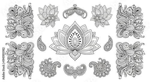 A collection of intricate mehndi designs and henna art elements, including floral patterns and abstract motifs, arranged on a white background in a detailed illustration.