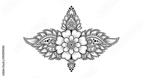 Intricate henna design with floral patterns and abstract elements on a white background, featuring a tailed mehndi collection in a symmetrical illustration.