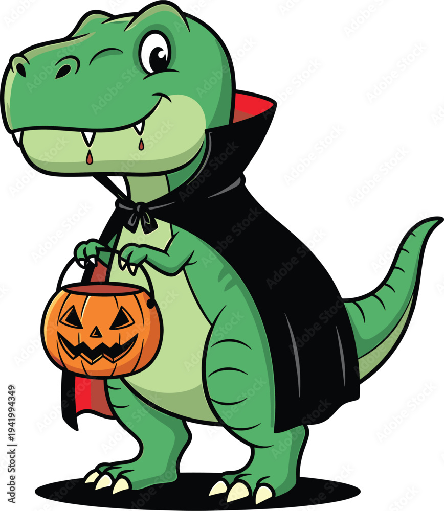 Obraz premium A cheerful green tyrannosaurus rex dressed as a vampire for halloween