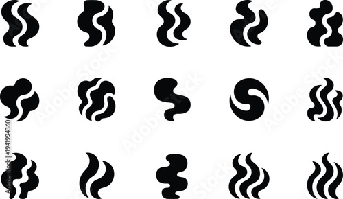 A collection of black smoke, steam, or vapor icons for various uses on a white surface