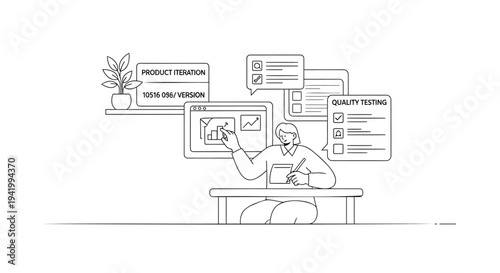 Vector illustration of a man working on a laptop with product management and quality control flowcharts