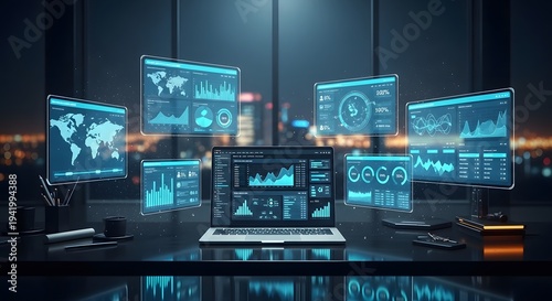 Modern office desk with multiple screens displaying financial data