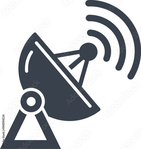 A solid dark silhouette of a satellite dish transmits strong radio waves upward against a plain background, symbolizing global.