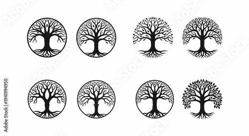 Black Silhouette Tree Icons in Circles.