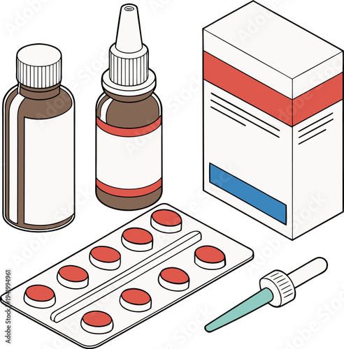“Medicine Bottle, Nasal Spray and Pills Healthcare Medication Line Art Vector Set”