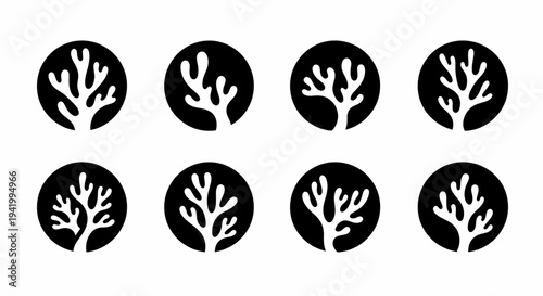 Collection of White Coral Icons in Circles.