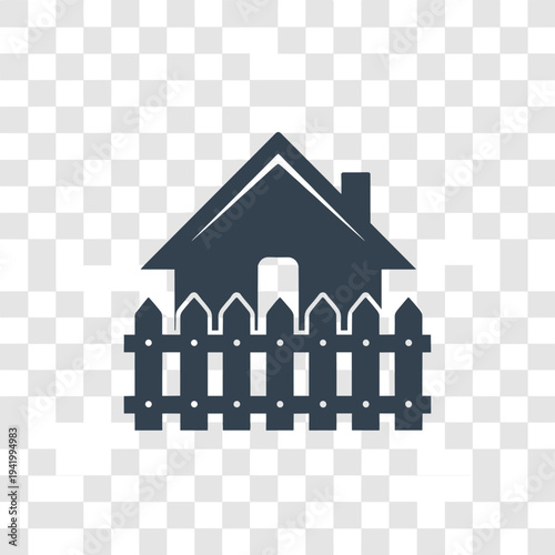 A dark silhouette of a house with a picket fence in front of it, set against a transparent background.