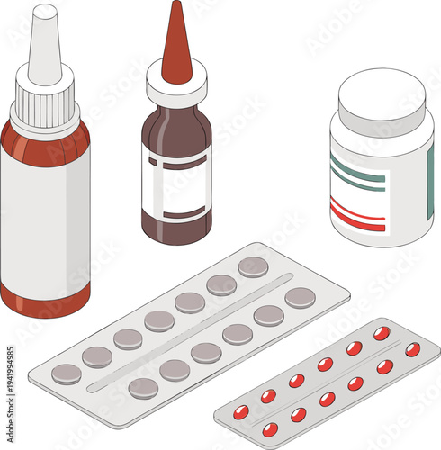 “Medicine Bottle, Nasal Spray and Pills Healthcare Medication Line Art Vector Set”