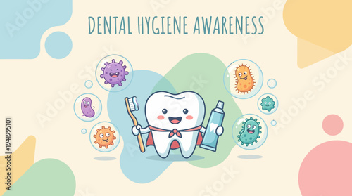 Cartoon Tooth Character with Dental Hygiene Tools.