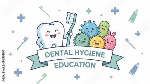 Cartoon Tooth Character with Dental Hygiene Tools.
