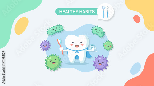 Cartoon Tooth Character with Germs Around.