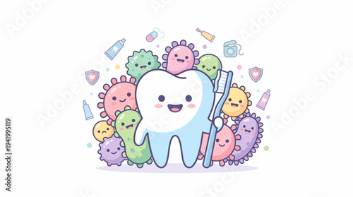 Cartoon Tooth Character with Germs and Toothbrush.