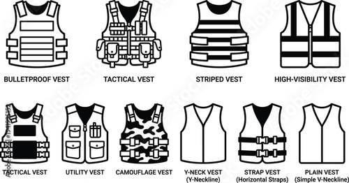 Tactical vest icon set featuring bulletproof utility high visibility and camouflage vests for security military police construction safety equipment silhouettes vector isolated design