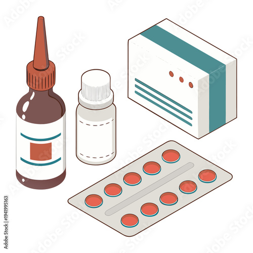 “Medicine Bottle, Nasal Spray and Pills Healthcare Medication Line Art Vector Set”