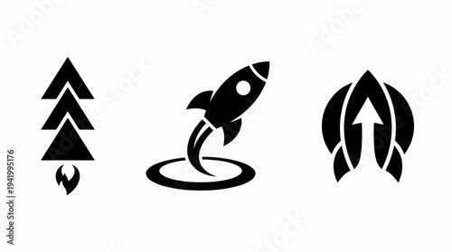 Black logos with arrow and rocket.