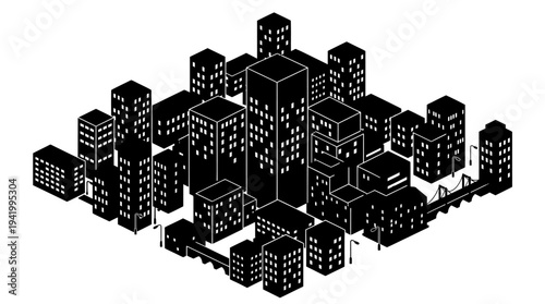 Black Cityscape with Skyscrapers and Buildings.