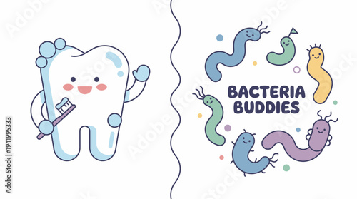 Cartoon Tooth and Bacteria Characters Illustration.