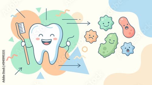 Cartoon Tooth Character with Toothbrush and Germs.
