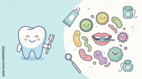 Cartoon Tooth and Microbes with Dental Tools.