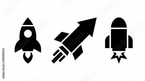 Simple Black Rocket Ship Icons Set.
