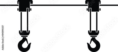 Industrial crane hoist trolley with two metal lifting hooks on a beam rail silhouette isolated on white background for construction and warehouse concepts