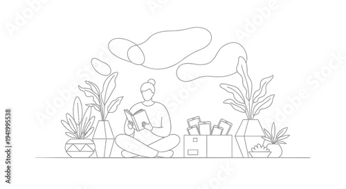 Line drawing of a person meditating with plants and books