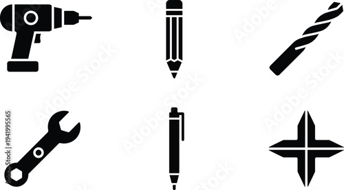 Industrial construction tool icon set including drill pencil wrench and drill bit for carpentry building engineering maintenance renovation project silhouettes vector isolated design