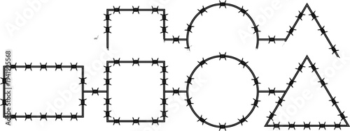 Barbed wire silhouettes of rectangle square circle and triangle geometric shapes connected by wire links isolated on white background for security boundary concepts