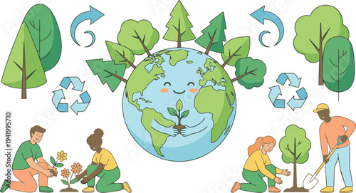 Protecting Our Earth: A vibrant illustration showcasing the collective effort to conserve our planet, with individuals planting trees and nurturing a flourishing environment, promoting sustainability.