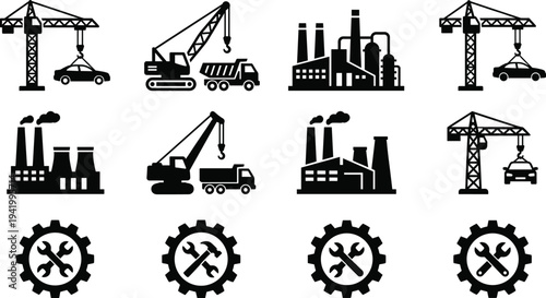 Industrial construction machinery icon set featuring tower cranes factory buildings heavy trucks and gear maintenance tools for engineering manufacturing logistics silhouettes vector isolated design