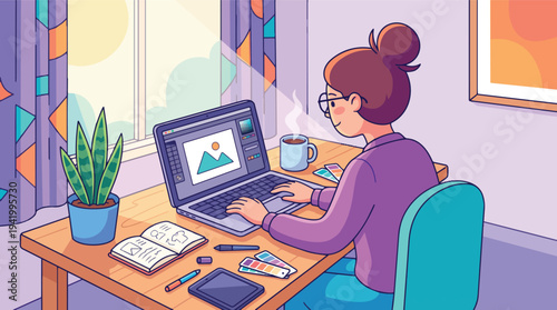 Creative Freelancer's Workspace: A female graphic designer, engrossed in her work on a laptop at a sunlit desk, surrounded by tools of the trade.