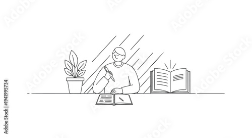 Vector illustration of a man working on laptop with plant and book