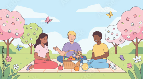 Picnic of Companionship: Three friends share a moment of connection during a delightful outdoor picnic, surrounded by blooming trees and fluttering butterflies.
