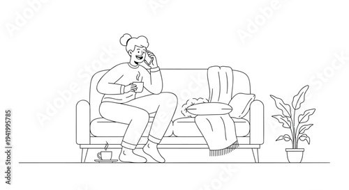 Vector illustration of a woman sitting on a couch talking on phone