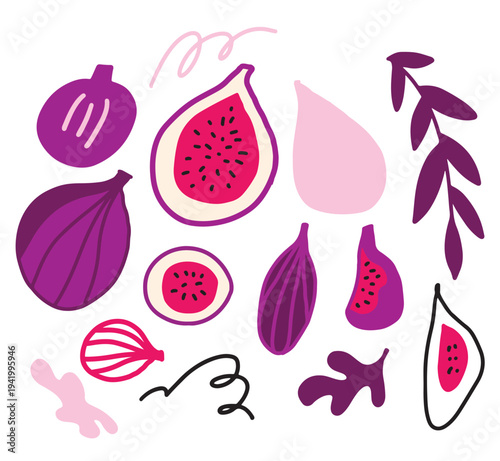 Flat style fig fruit elements with leaves and simple decorative shapes. Modern vector illustration in purple color palette. Perfect for food packaging, stickers, menu graphics and botanical themed des