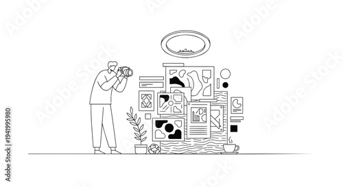 Vector illustration of a photographer with camera and collage wall