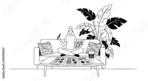 Vector illustration of a woman sitting on a couch with laptop and coffee