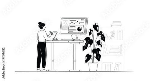 Vector illustration of woman working at standing desk with computer and plant